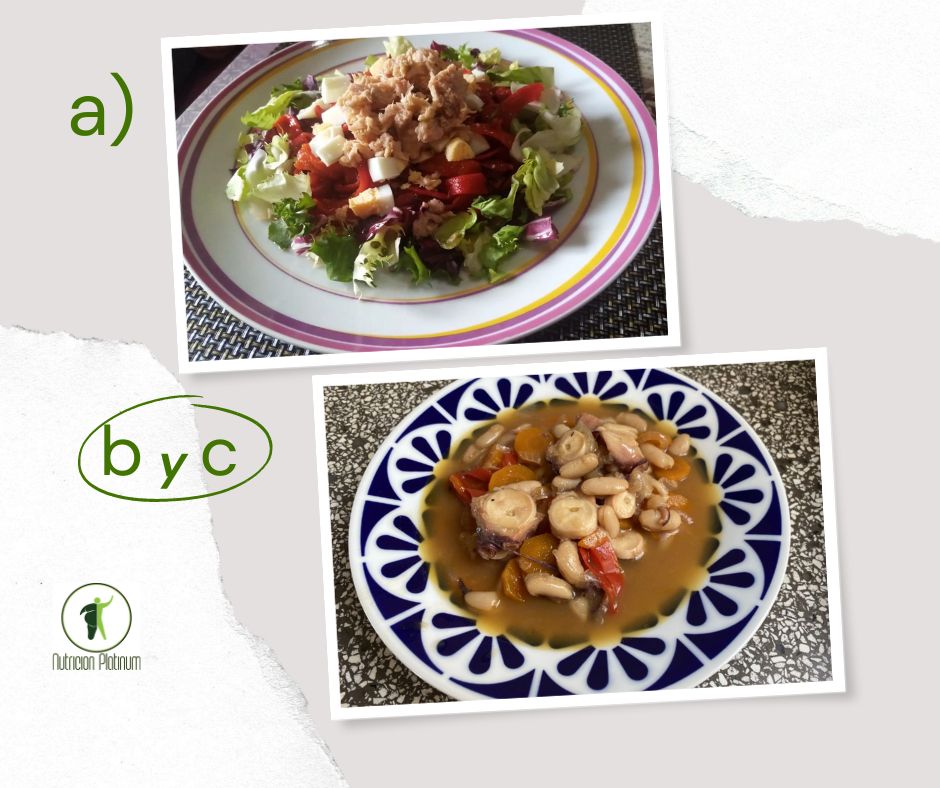 Ensalada de pimientos asados, atún y huevo con habichuelas blancas secas con pulpo.